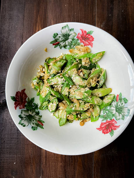 Stir-Fried Okra with Scrambled Eggs in Floral Bowl