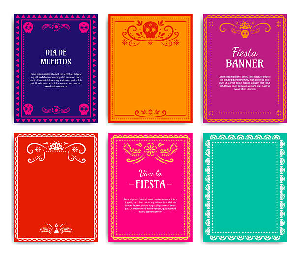 Mexican fiesta banner set. Colorful papel picado inspired templates for Dia de Muertos, Cinco de Mayo and party design. Vector decorative cards collection.