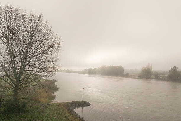 IJssel river meandering through the landscape during a foggy autumn morning near Zwolle and Hattem seen from above.