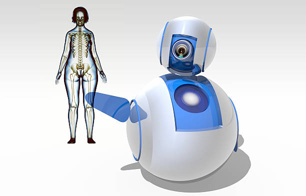 Cute sphere robot shows turning obese woman body scanning in his hand. / You can see the animation movie of this image from my iStock video portfolio. Video number: 1638666696