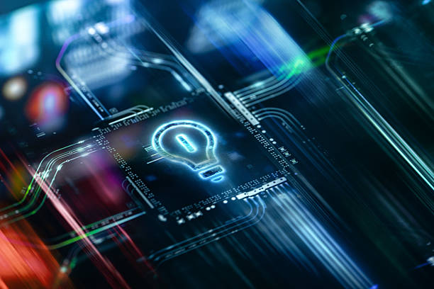 istock Innovations Concept With Neon Light Bulb And Digital Circuits Background 2241189796