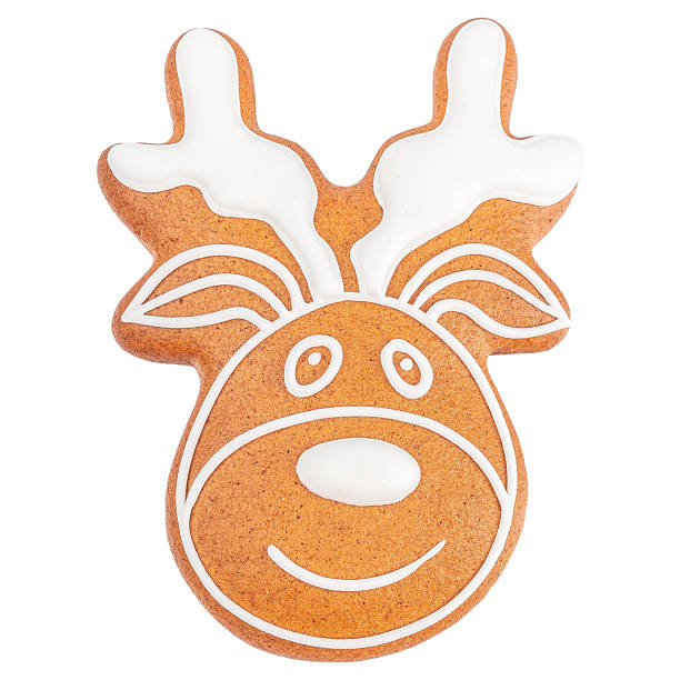istock Cute reindeer shaped gingerbread cookie decorated with white icing isolated on white background 2241190318