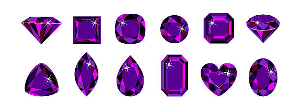 istock Dark purple gemstones of different shapes isolated on white background. Gems set. Vector cartoon flat illustration. 2241190953