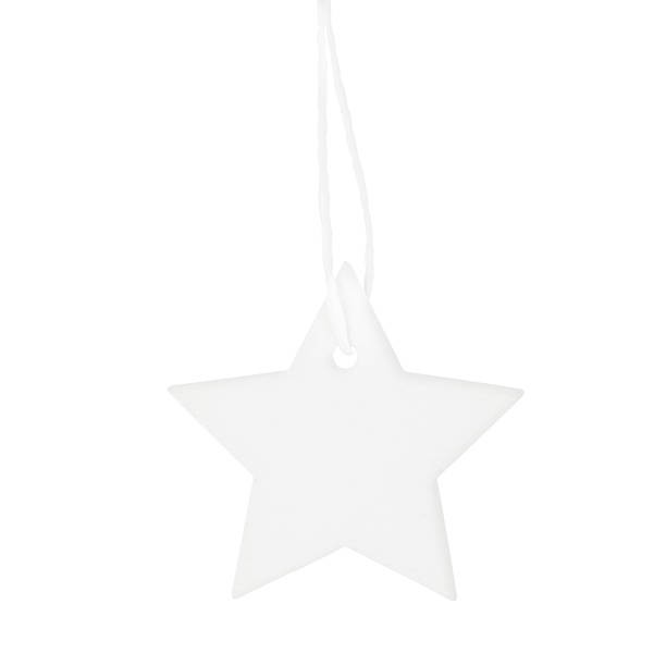 Minimalist white ceramic star hanging ornament isolated on white background for Christmas tree decoration or holiday interior styling