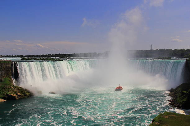 A breathtaking view of Niagara Falls showing cascading water, mist, and a red tour boat approaching the base of the falls. The powerful flow and dramatic scenery capture the majesty of nature and the thrill of adventure. Perfect for travel, nature, and destination imagery.