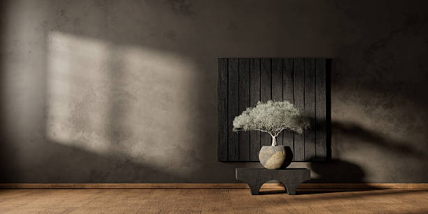 istock Rustic bench with bonsai tree and ceramic vase in minimal interior. 3D illustration 2241194150