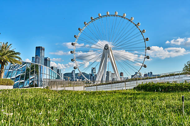 Ferris wheel rising above autumn trees with a modern building in the background. Urban landscape on a clear sunny day