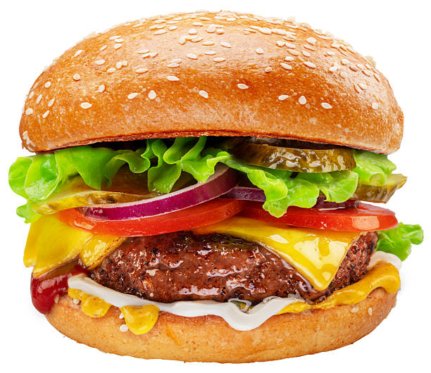 istock Hamburger or cheeseburger with vegetables and lettuce isolated on white background. File contains clipping path. 2241196591
