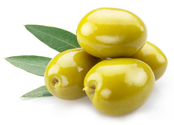 istock Three green olives with olive leaves isolated on white background. File contains clipping paths. 2241196615