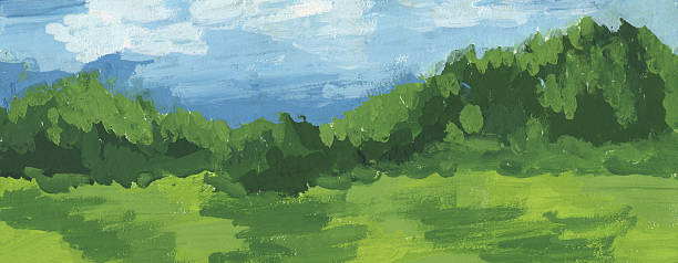 istock Abstract background with green trees and blue sky. Hand-drawn illustration. 2241198769