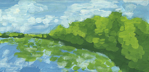 istock Abstract background with green trees and blue sky. Hand-drawn illustration. 2241198991