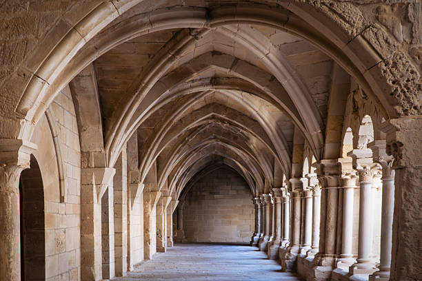 Historic church architecture in interior of arches in church hall