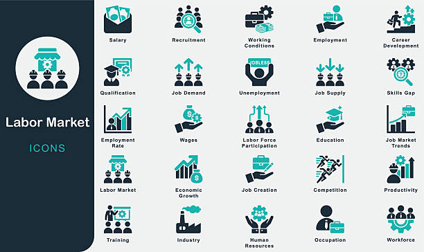 arbeitsmarkt solide icons sammlung. eindämmung von beschäftigung, arbeitslosigkeit, arbeitskräften, arbeitsplatznachfrage, arbeitsplatzangebot, rekrutierung, qualifikationslücke, qualifikation, löhnen, gehalt, produktivität, branche, beruf - arbeitslosigkeit stock-grafiken, -clipart, -cartoons und -symbole