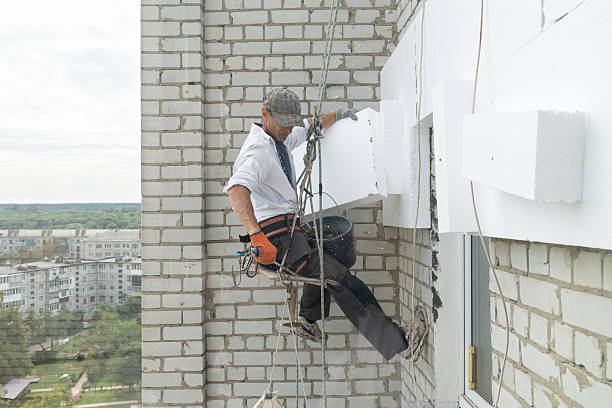 istock Construction worker insulating the exterior wall of a building with polystyrene panels at height. 2241207367