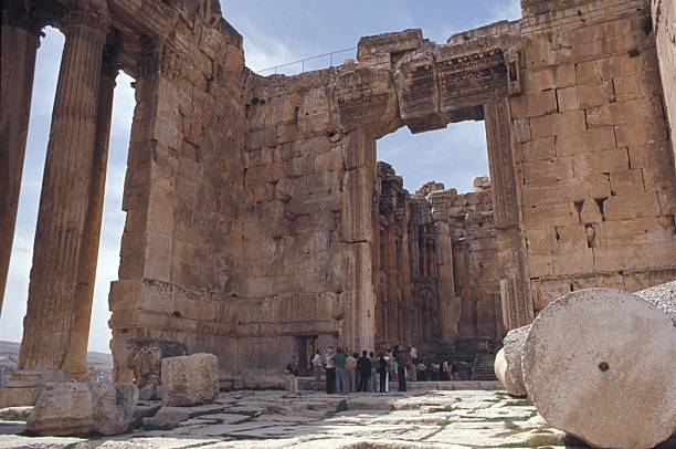 Baalbek, Lebanon, 1979. The ancient temple ruins of Baalbek. Furthermore: tourist groups with their guides.