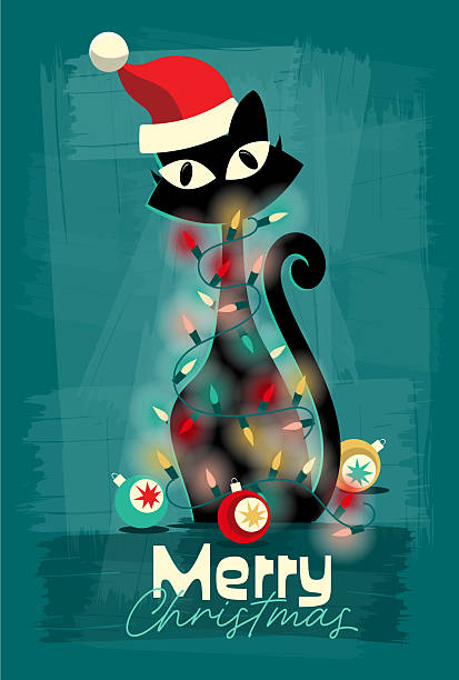 Vector illustration of a Merry Christmas greeting design in MCM Midcentury modern style with Black Cat entangled in Christmas Lights wearing a Santa hat on textured background. All fonts outlined or expanded. Vector eps and high resolution jpg in download.