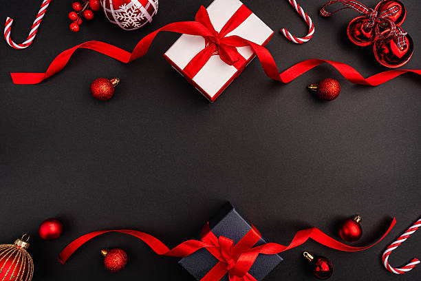 istock Christmas Flat Lay with Gift Boxes, Red Ornaments 2241214538