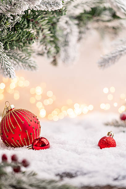 istock Red Christmas Ornaments in Snow with Frosted Pine Branches 2241214649