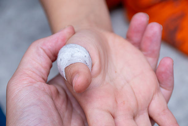 istock The child has a cut wound covered with a bandage 2241215037