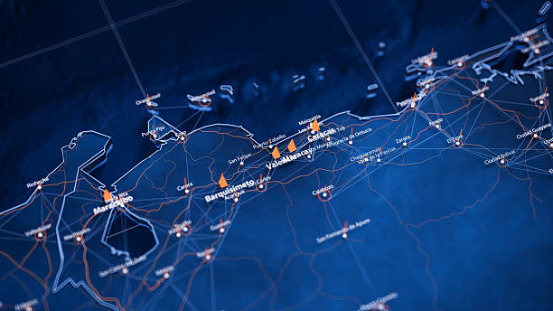 istock Valencia map big data visualization. Futuristic map infographic of city in Venezuela. Visual map data complexity in modern blue and orange colors 2241215091
