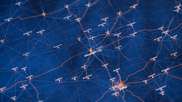 istock Oklahoma City map big data visualization. Futuristic map infographic of city in USA. Visual map data complexity in modern blue and orange colors 2241215334