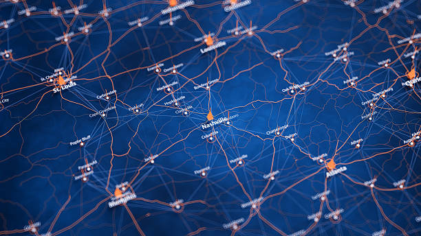 istock Nashville map big data visualization. Futuristic map infographic of city in USA. Visual map data complexity in modern blue and orange colors 2241215396