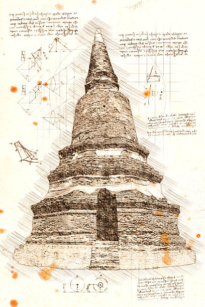 Old thai pagoda from Ayutthaya in da Vinci sketch style based on photo created with photoshop and design elements are photoshop stamps