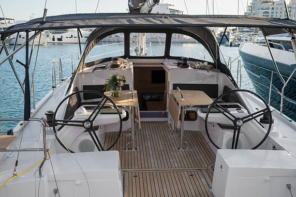 istock Modern sailing yacht cockpit with twin steering wheels, teak flooring 2241217266