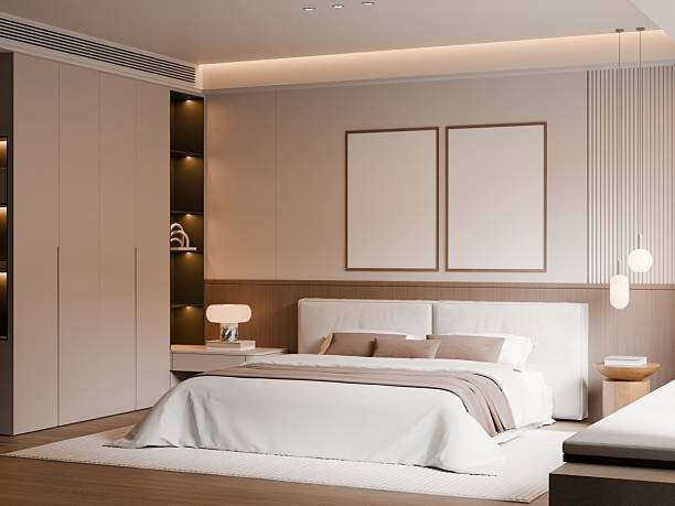 istock Modern Minimalist Bedroom Interior with Frame Poster Mockup - 3d Render 2241217323