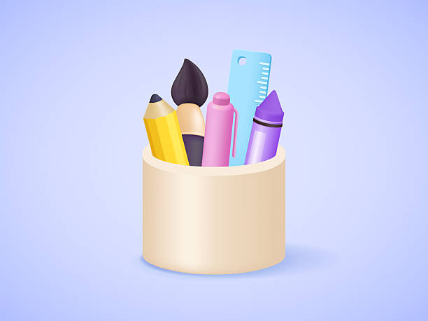 istock Pencil cup with colorful pens, wax crayons, brushes, and rulers, playful creative stationery for kids, school, and office desk. Quirky  3D vector illustration 2241223074