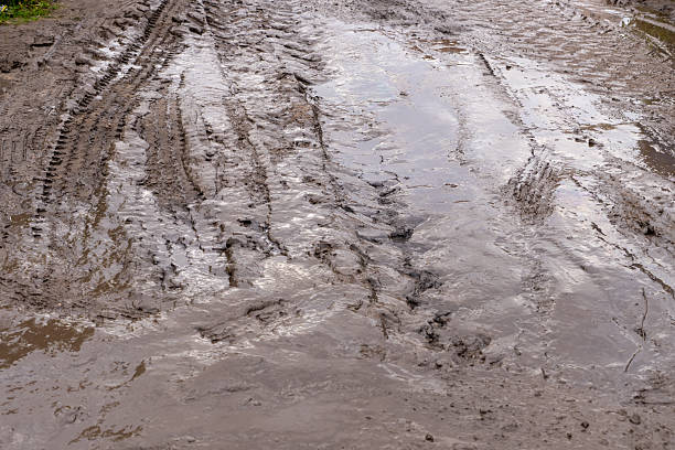 istock Muddy ground with tire tracks 2241227886