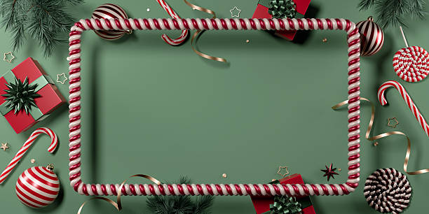 istock Christmas candy cane frame with gifts and decorations on green background. 3d rendering 2241230095