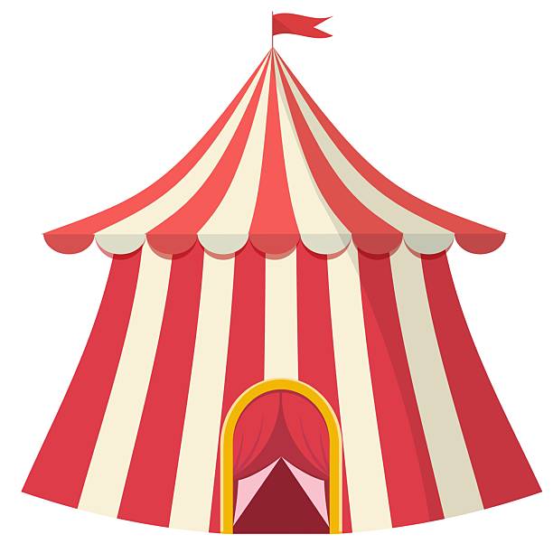 istock Colorful red and white striped circus tent with flag illustration 2241233134