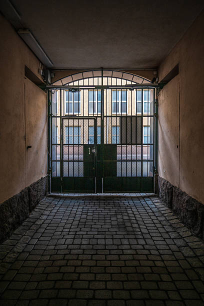 Dark narrow passageway with metal gate and building view.
