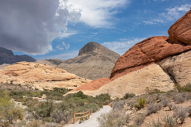 Hiking on Sandstone Quarry Overlook path with scenic view of summit Turtlehead Peak of La Madre mountains, Red Rock Canyon National Conservation Area in Mojave Deser, Las Vegas, Nevada, United States