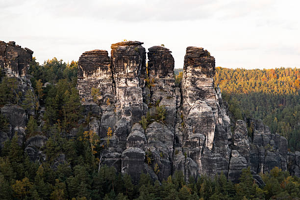 Sandstone rock formation in the Saxon Switzerland in East Germany. Beautiful nature in the autumn season. The national park is an attraction and travel destination.