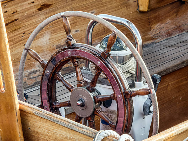 The large wooden steering wheel of the sailing ship Standart moored at the pier in the Lavtian capital Riga in July 2021.