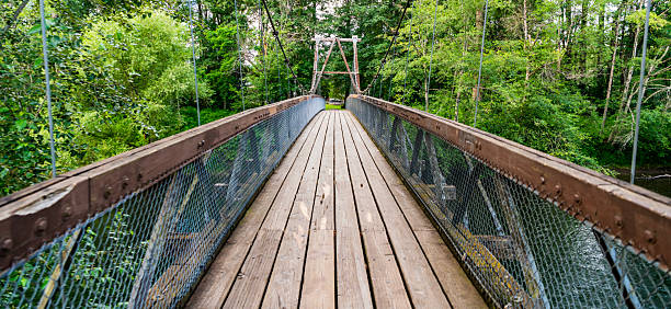 istock Path way on bridge in forest. Adventure route way path. Suspension bridge. Travel destination. Destination route way. Touristic pathway outdoor 2241252725