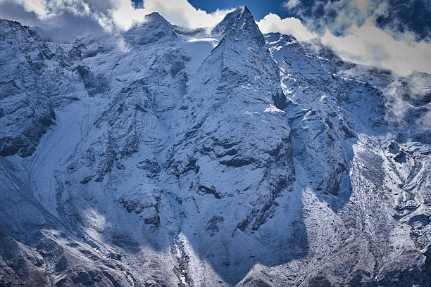 Snowcapped mountain and glacier with alpenglow, Pitztal Glacier, Otztal Alps