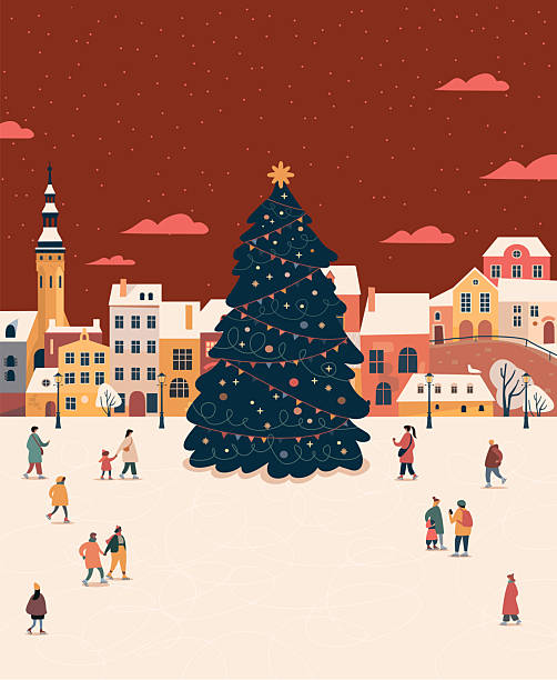 Old city square with Christmas tree and people skating on ice rink, vector poster template for holiday banner