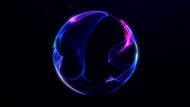 istock Futuristic glowing blue and purple energy sphere with smooth light waves on dark background. Abstract gradient plasma orb with sci fi fluid structure and elegant flow. 2241264412