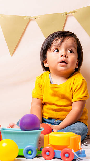 istock Toddler boy celebrating first birthday with party decorations 2241270024