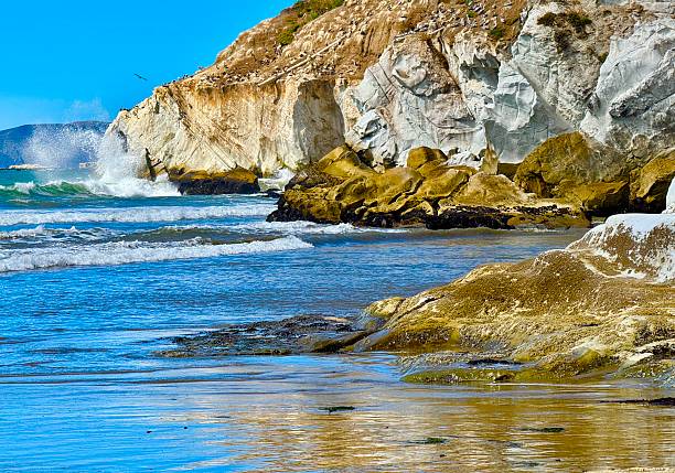 Stunning aerial view of the deep blue ocean stretching to the horizon, with a pristine sandy beach and shoreline below. The clear turquoise waters create a breathtaking contrast with the soft, golden sand. Ideal for vacation, nature, and coastal-themed projects.