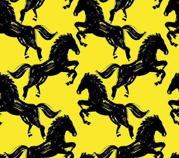 Seamless pattern hand drawing with horses, black and white brush stroke dashed pattern. Horse silhouettes seamless vector pattern. Isolated background.