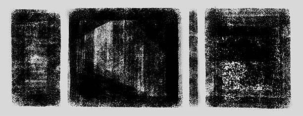 istock Set of grunge linocut stamp black textures. Thick and thin lines distressed dust grain overlay and vintage ink roller effect with rough eroded edges. Dirty abstract background for retro graphic design 2241271422