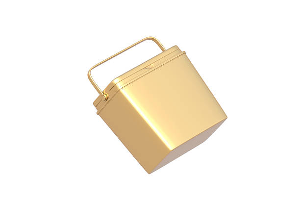 Golden portable fridge isolated on white background. Ice cooler. Freezer box for beverage or food. Equipment for picnic. 3d render