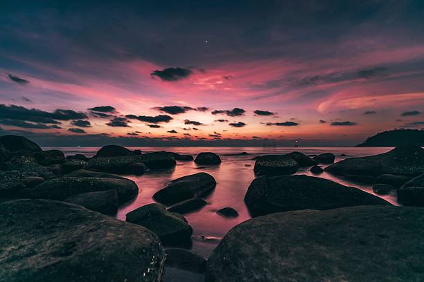 Beautiful tropical beach with a colorful sunset above the calm ocean. Golden light reflects on the waves, creating a peaceful and romantic atmosphere. Perfect nature scene symbolizing relaxation, summer travel, and exotic island paradise.