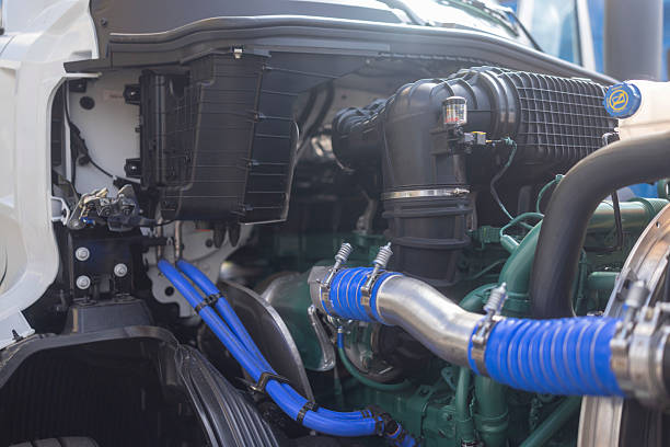 istock Close-Up of Modern Truck Engine With Blue Hoses 2241286266