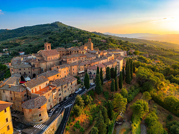 istock Panicale, Italian medieval town from drone at sunset 2241286887