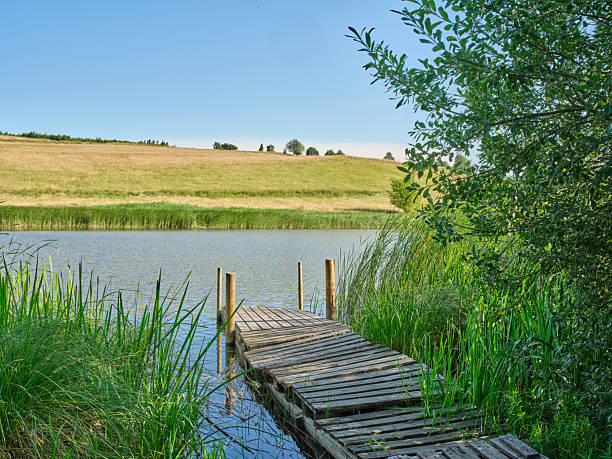 Wooden floor and beautiful lake on the background